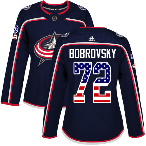 Adidas Blue Jackets #72 Sergei Bobrovsky Navy Blue Home Authentic USA Flag Women's Stitched NHL Jersey